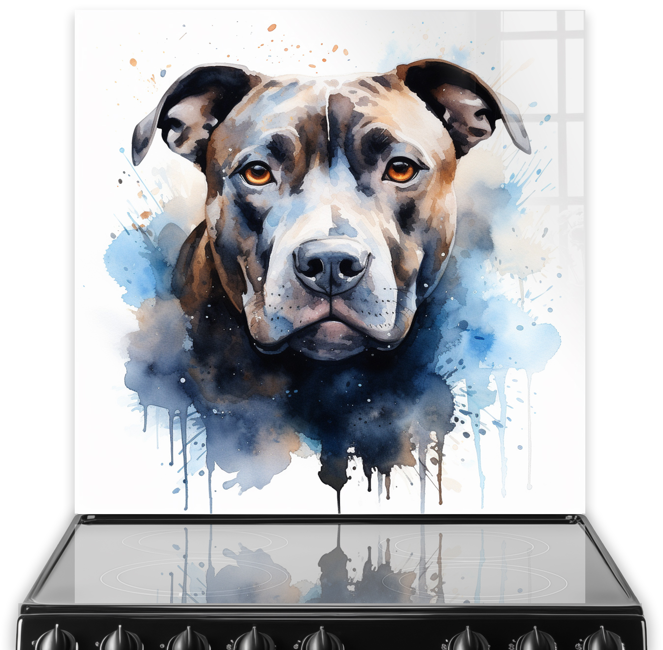 Printed Staffordshire Bull Terrier kitchen splashback with watercolour design in blues and browns