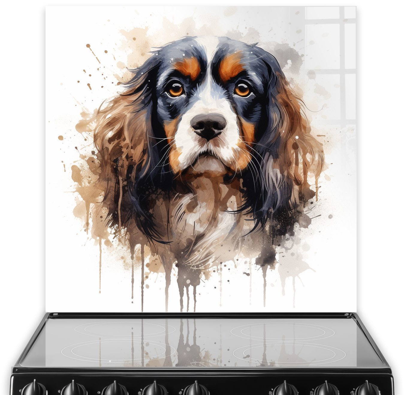 Artistic Cavalier King Charles Spaniel printed kitchen splashback in brown and cream tones