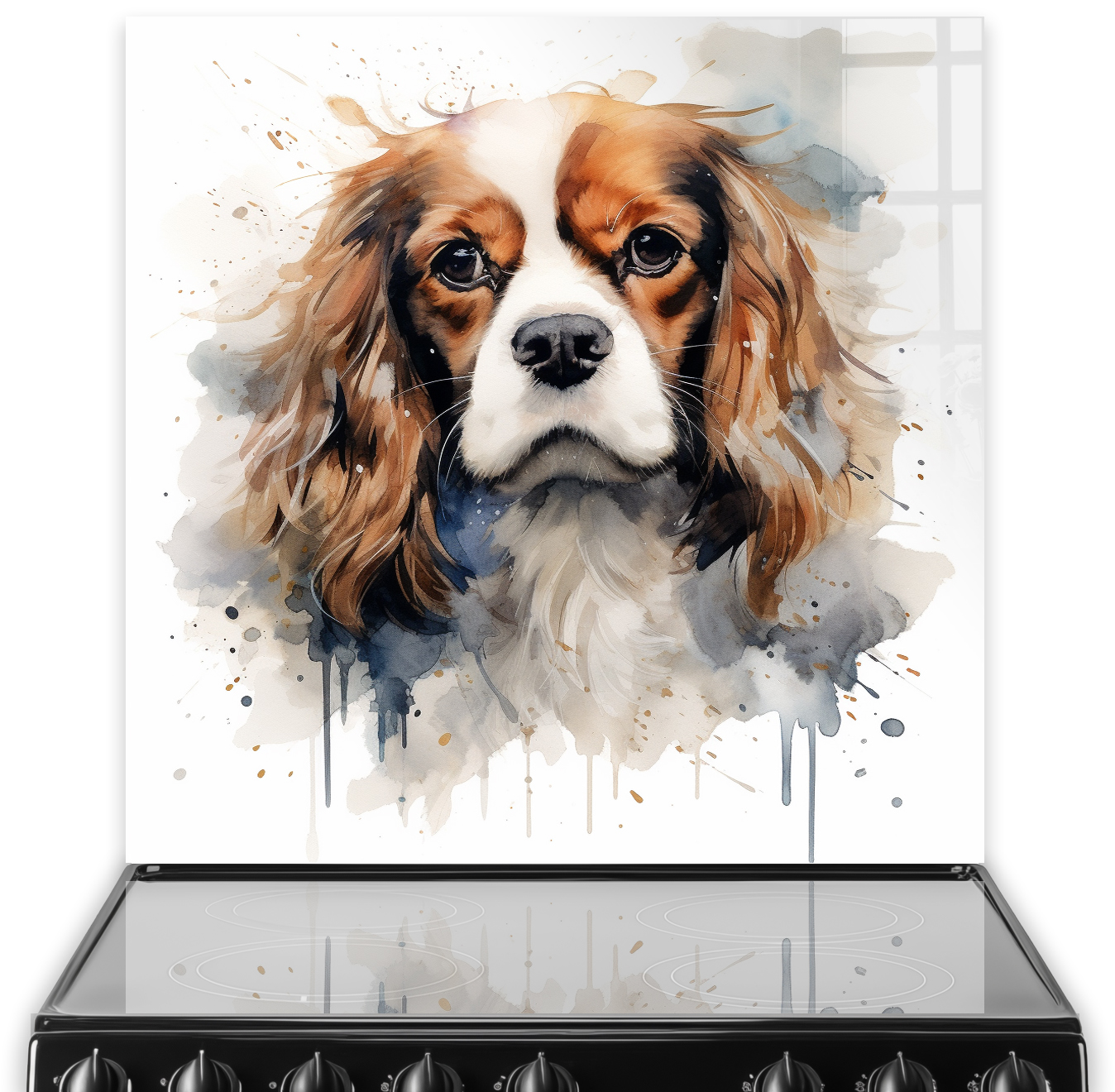 A Cavalier King Charles Spaniel printed kitchen splashback in watercolour style against a white backdrop