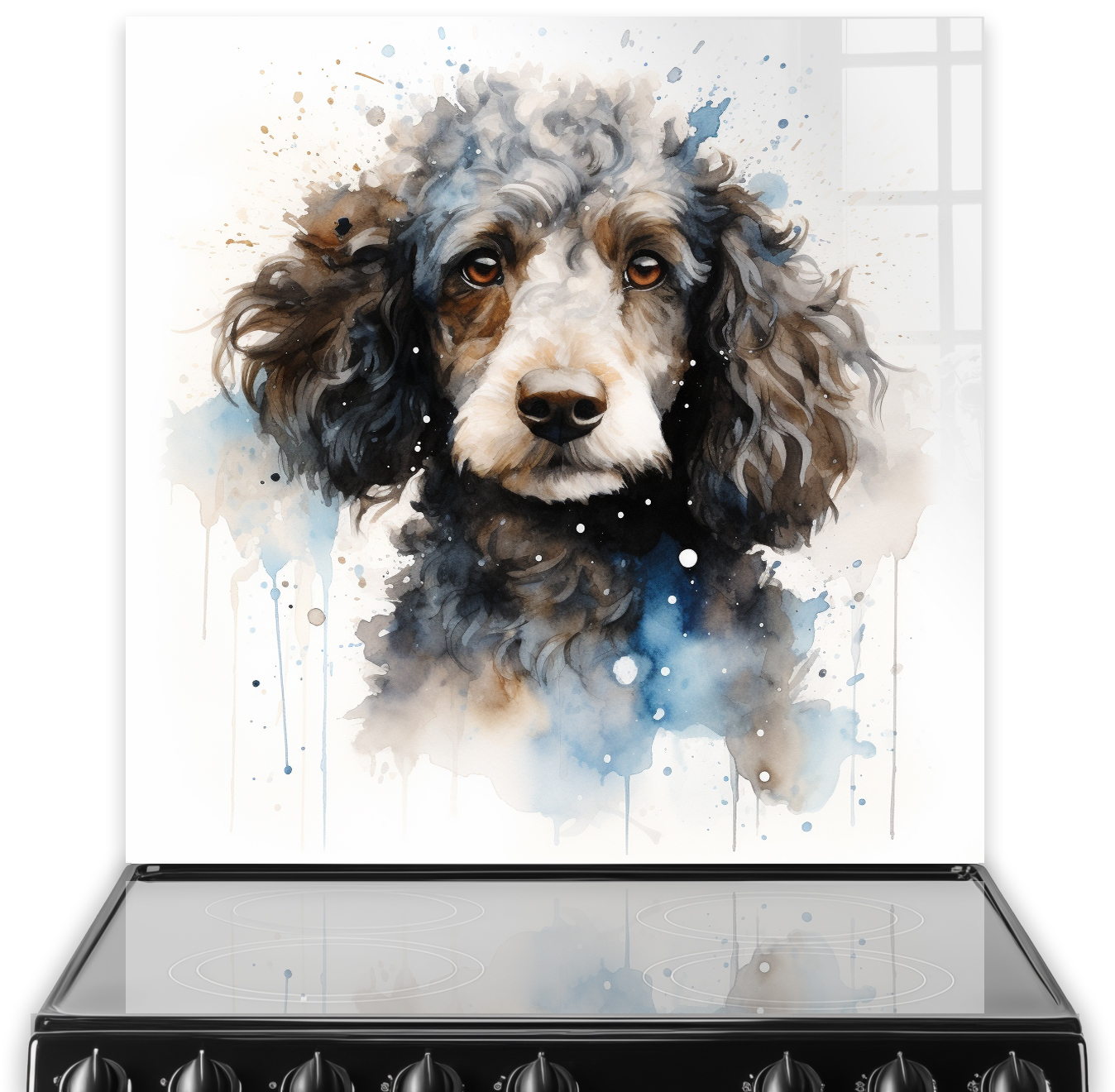 Artistic printed poodle splashback featuring a watercolour beige, blue, and black poodle in a kitchen setting