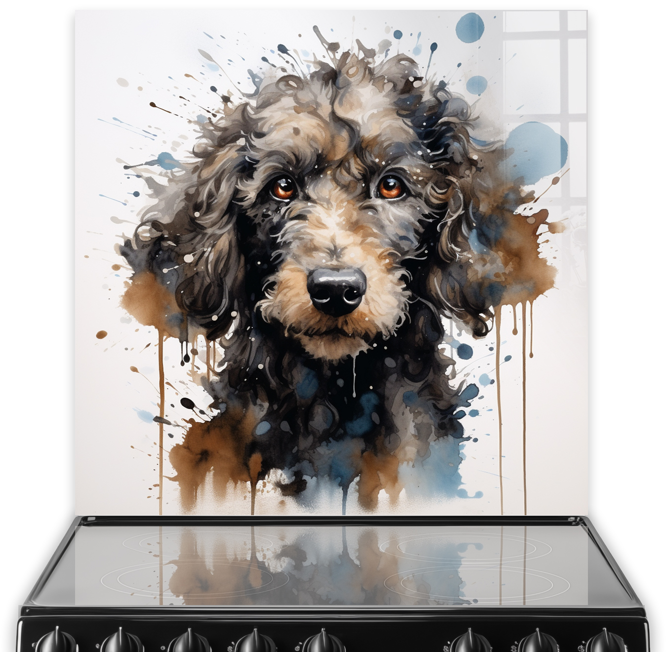 Artistic printed poodle kitchen splashback with watercolor effects in browns and blues