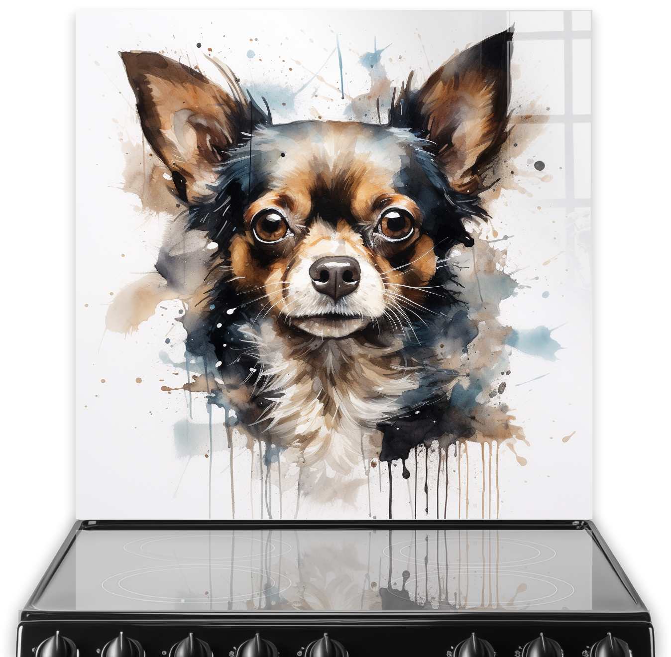 Colourful printed kitchen splashback depicting Missy the Chihuahua in watercolour style with a blue and brown palette