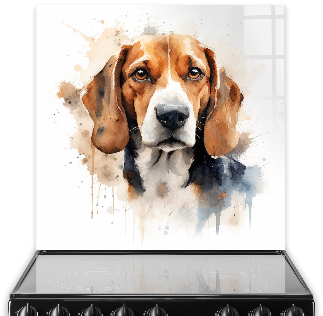 Watercolour painted Beagle on kitchen splashback above cooker in warm and cool hues