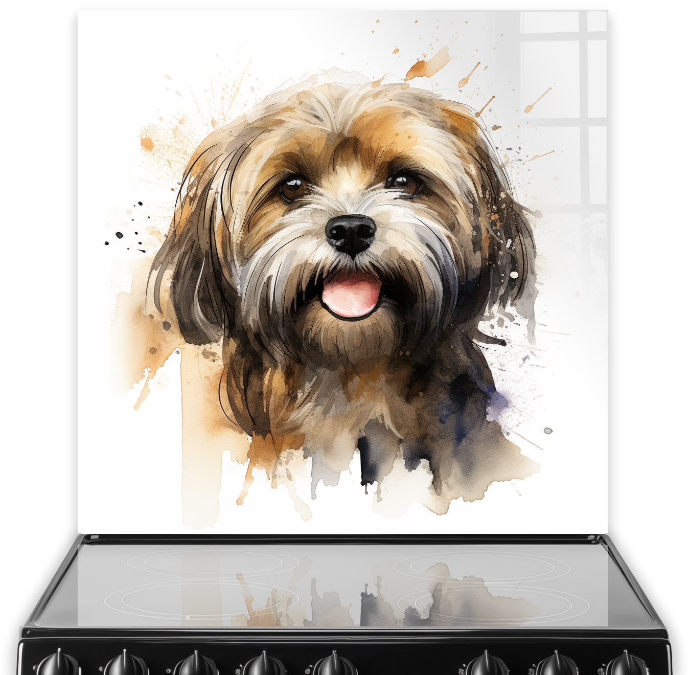 Artistic printed Lhasa Apso dog splashback in warm browns and cool blues