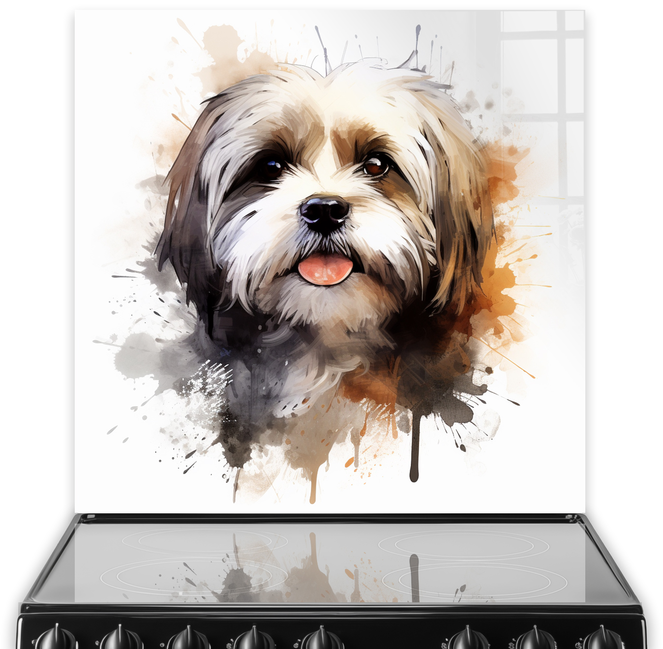Lhasa Apso printed splashback with warm watercolour tones
