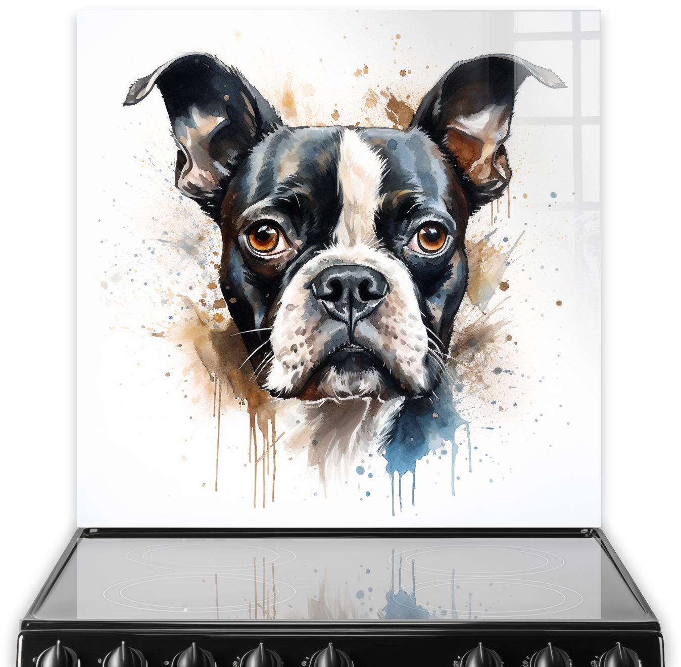 Artistic printed Boston Terrier splashback in a kitchen setting with colour splashes