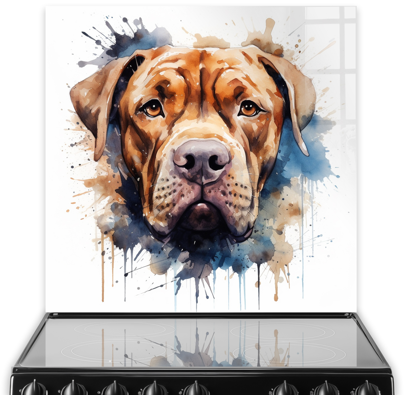 Artistic Dogue de Bordeaux printed kitchen splashback in amber and indigo colours