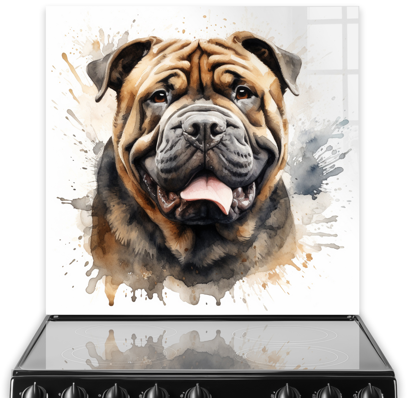 A Chinese Shar-Pei dog printed kitchen splashback with splashes of brown and beige
