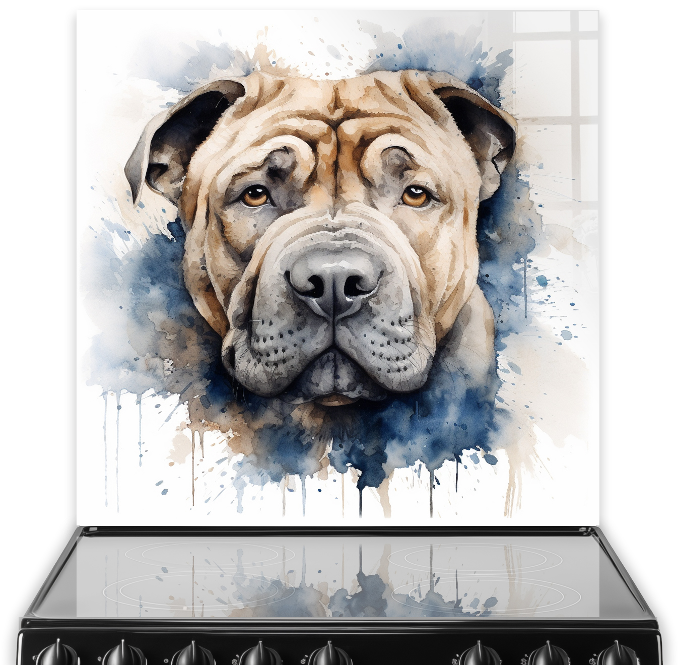 Chinese Shar-Pei dog illustrated kitchen splashback art in beige, brown, and navy blue