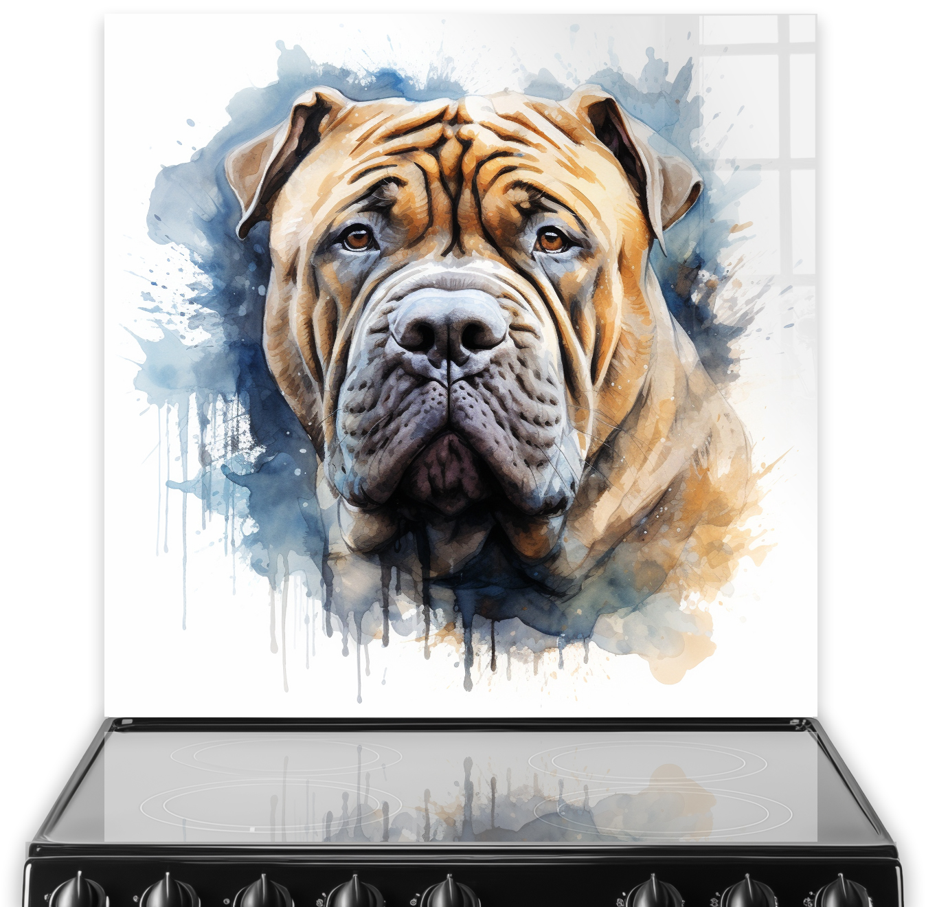 A printed kitchen splashback with an artistic rendition of a Chinese Shar-Pei dog in watercolour style