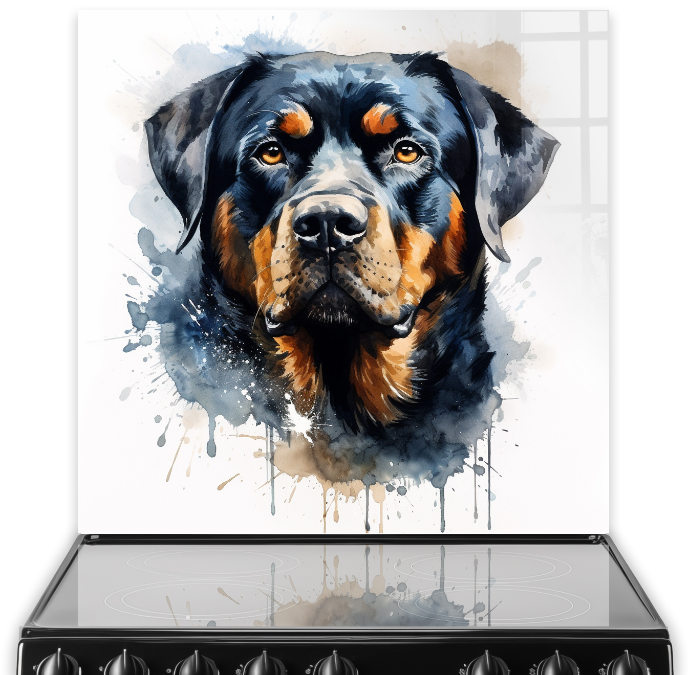 Artistic Rottweiler kitchen splashback with a vibrant watercolour painting of a Rottweiler against a light background