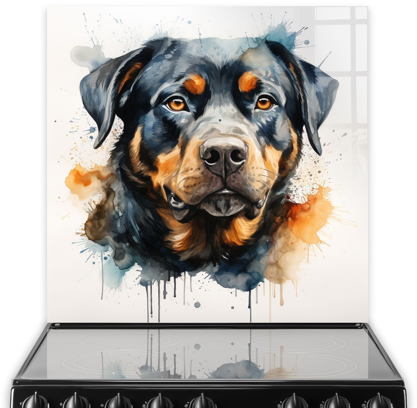 Artistic printed Rottweiler kitchen splashback featuring a Rottweiler portrait in watercolour with blue and orange accents