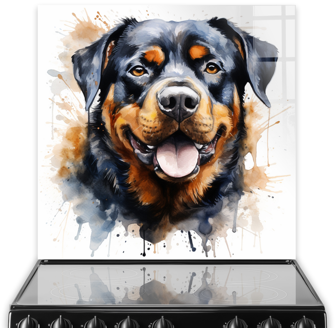Artistic Rottweiler printed kitchen splashback featuring vibrant watercolour splashes in amber and sienna