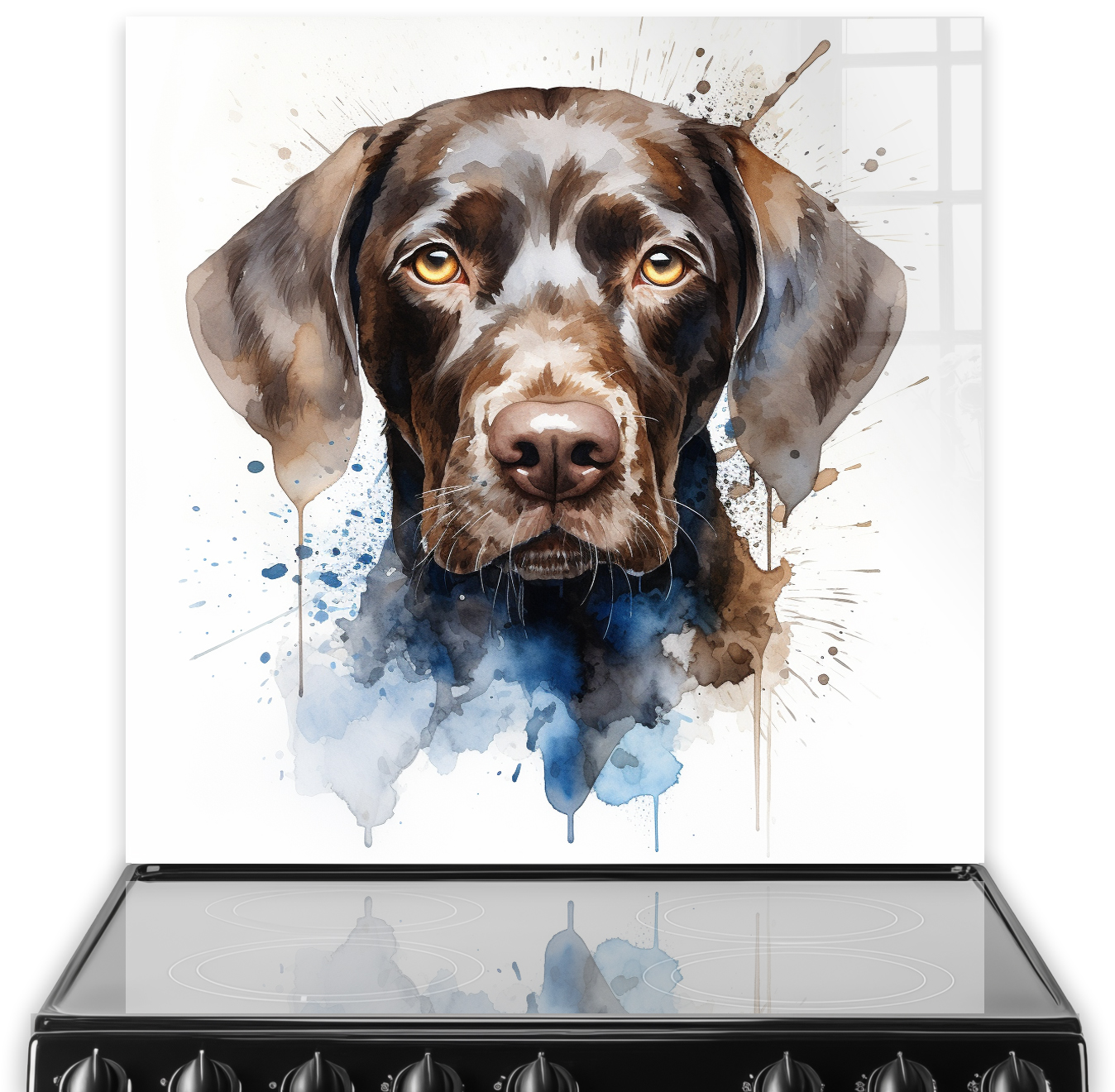 A German Short Haired Pointer splashback art in a kitchen setting with brown, beige, white, and blue colours