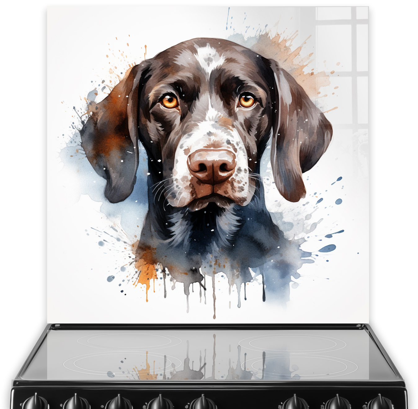 Artistic printed splashback of a German Short Haired Pointer in brown and beige with blue and orange splashes of colour