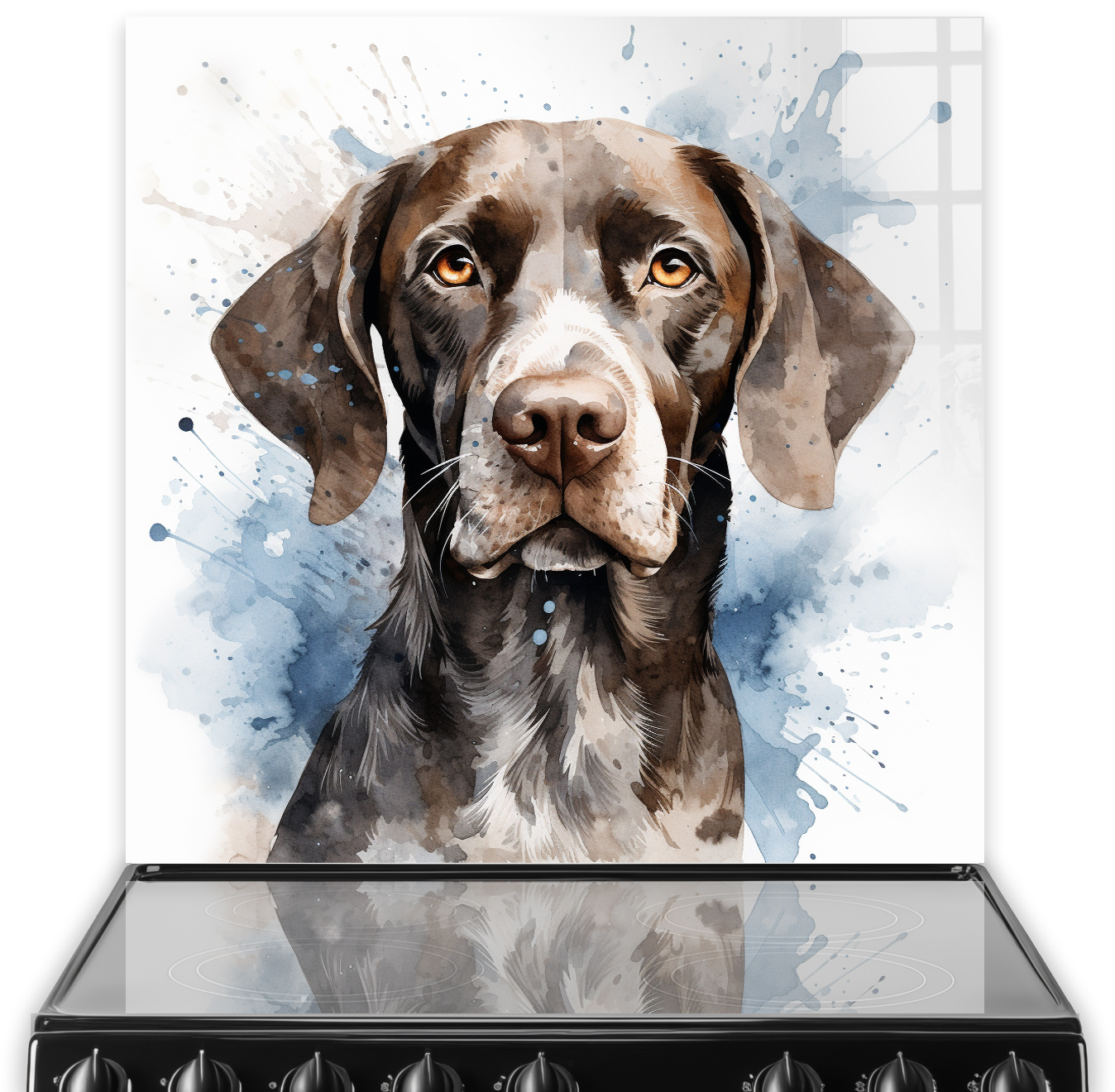 A German Short Haired Pointer printed kitchen splashback featuring shades of brown and blue