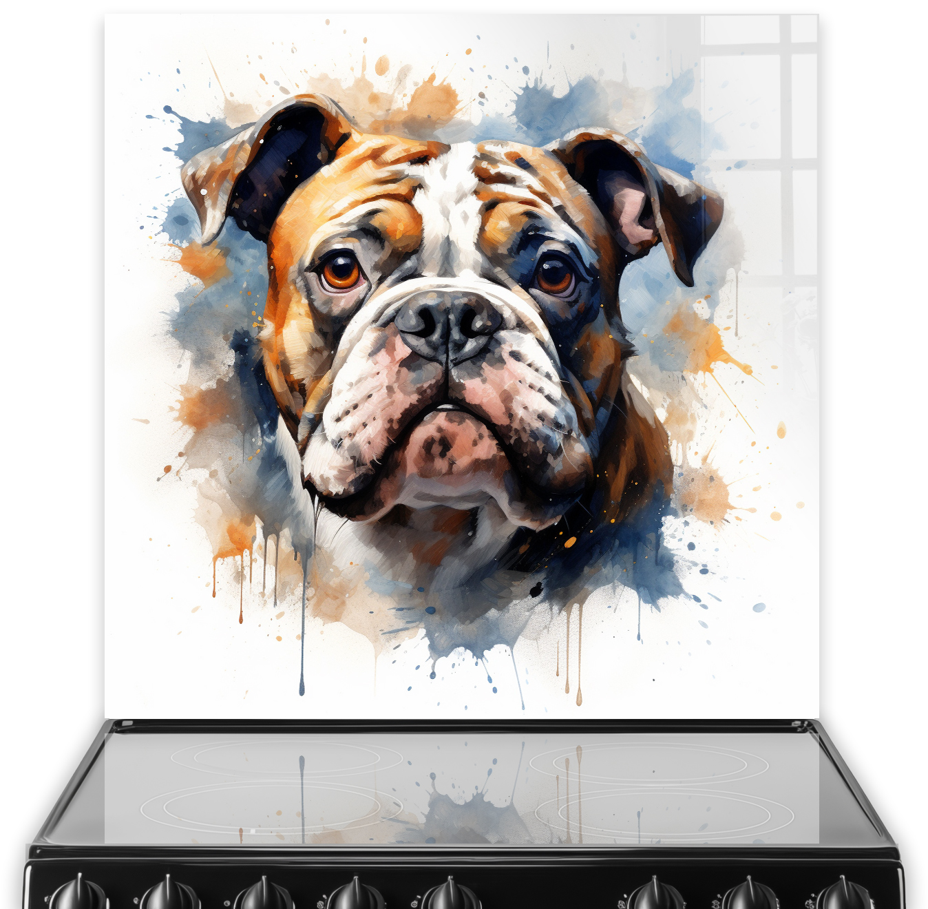 Artistic printed Bulldog kitchen splashback in orange, brown, and blue hues