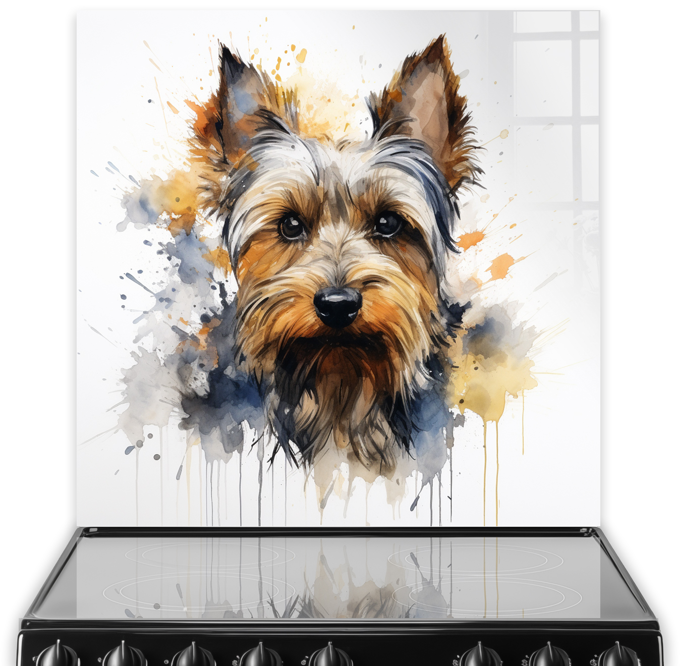 Artistic watercolour Yorkshire Terrier kitchen splashback with vibrant colours