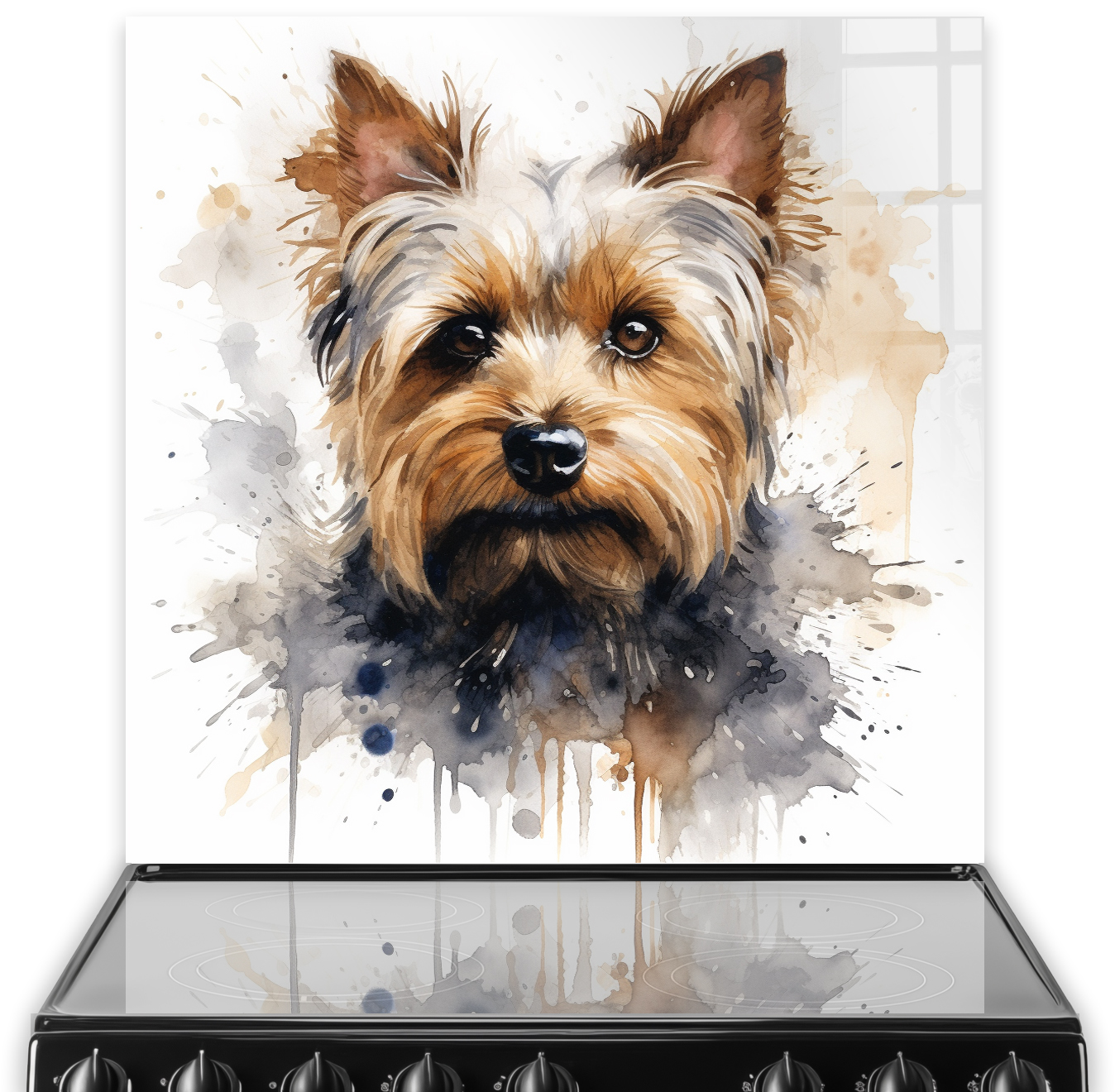 Printed Yorkshire Terrier kitchen splashback with artistic watercolour design in brown, tan, and grey tones