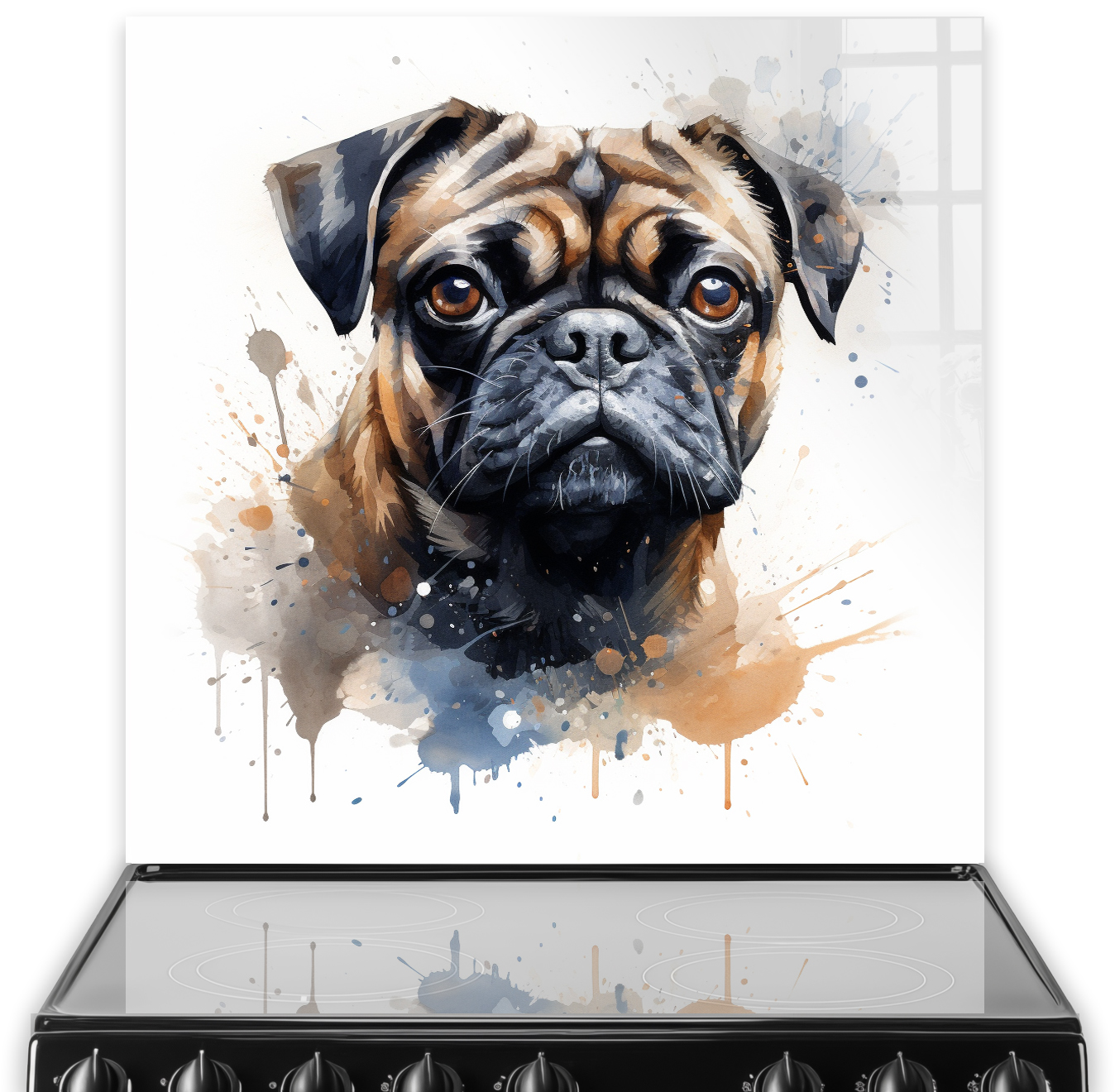 Printed Pug Splashback with Artistic Watercolour Design in Brown and Beige