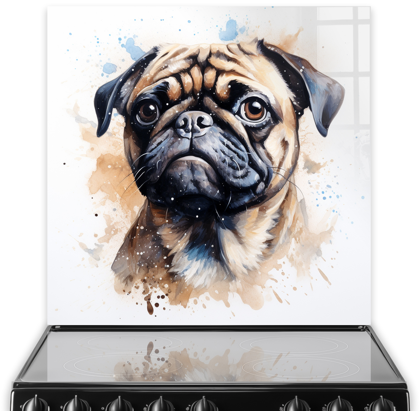 Artistic printed Pug splashback in a kitchen, showcasing expressive eyes and watercolour splashes in white, brown, and blue