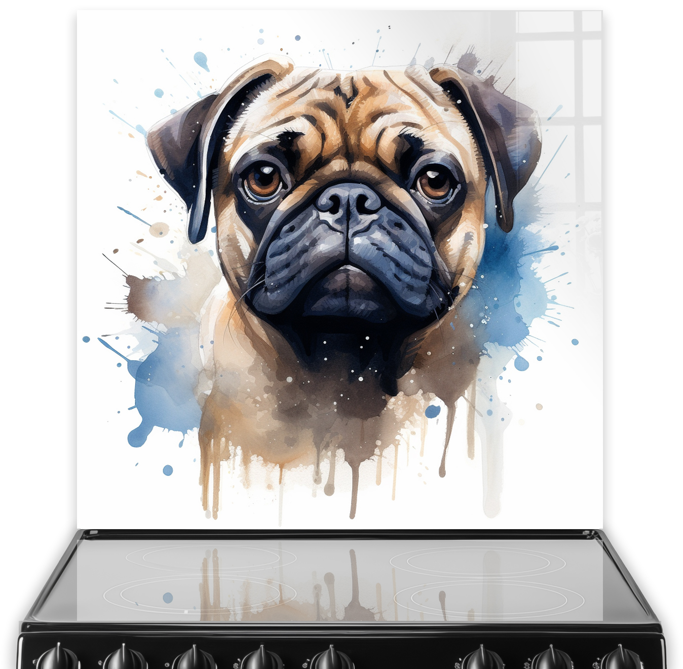 Printed Pug Splashback Art in Browns, Tans, and Blues