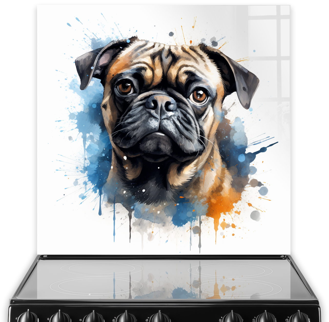 Artistic printed Pug splashback in a kitchen with blue and orange watercolour splashes