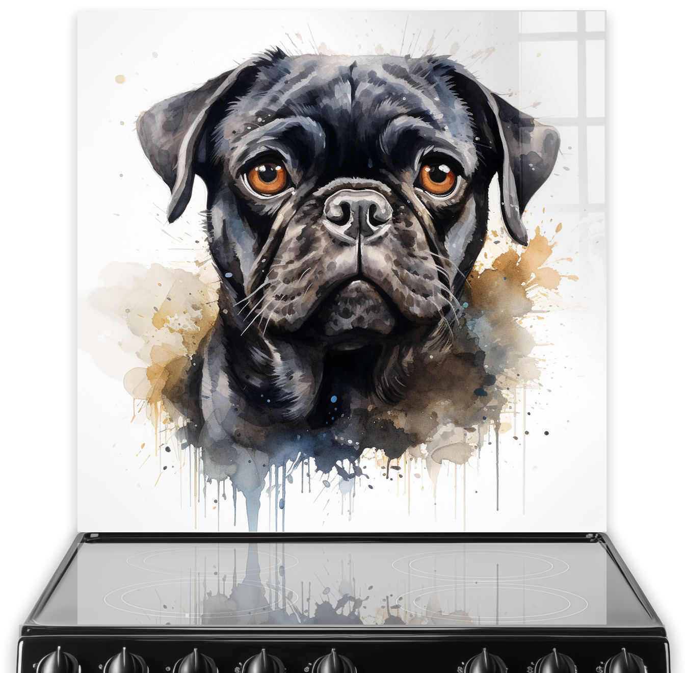 The Scooby Pug Expression printed splashback with a detailed illustration of a Pug in shades of black, beige, and sepia against a white background.