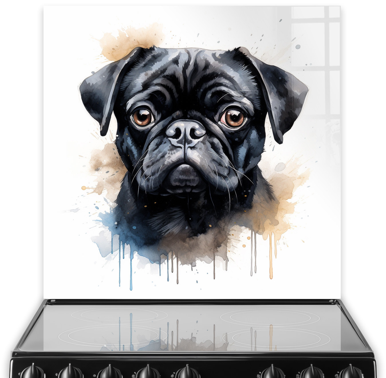 Artistic Pug printed splashback in a kitchen with a blend of sepia, black, and blue watercolour accents