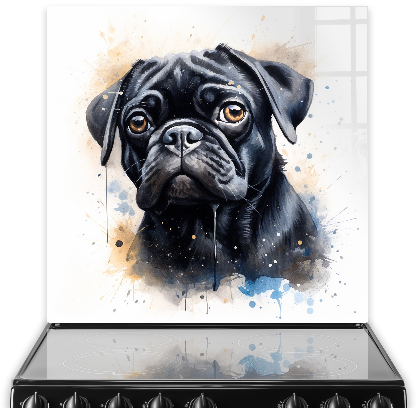 Artistic Pug breed printed kitchen splashback with abstract colour splashes