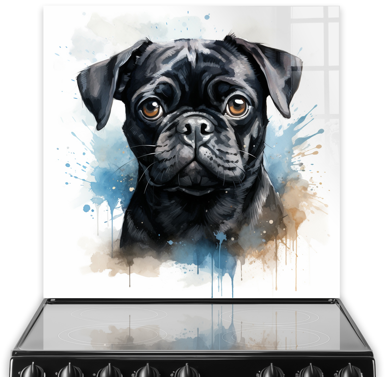 Printed Pug dog kitchen splashback with blue and brown watercolour backdrop
