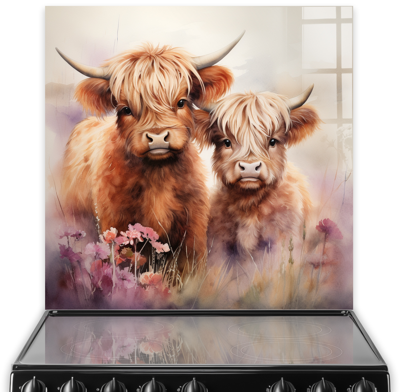 Highland cow kitchen splashback art featuring two cows with amber and brown fur against a floral backdrop
