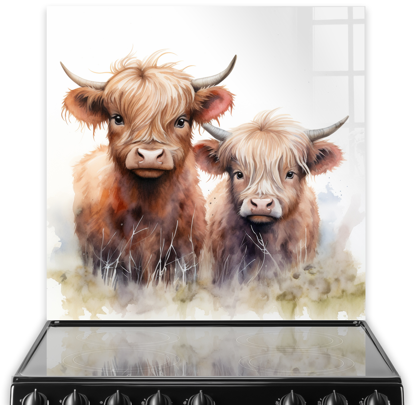 A kitchen splashback featuring two highland cows with rich brown fur against a soft, neutral-toned background.