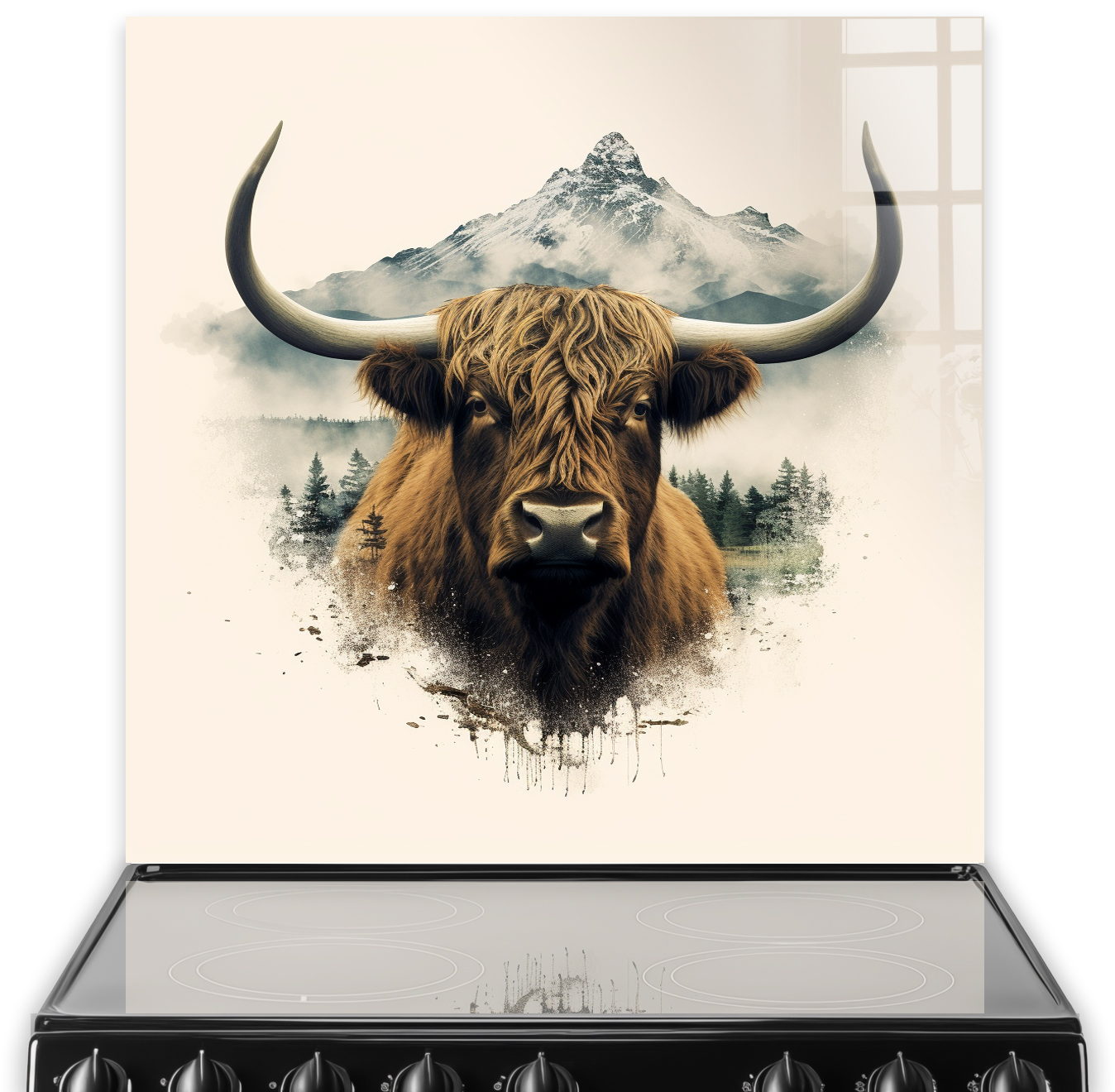 Highland cow kitchen splashback art with mountain backdrop in sepia tones