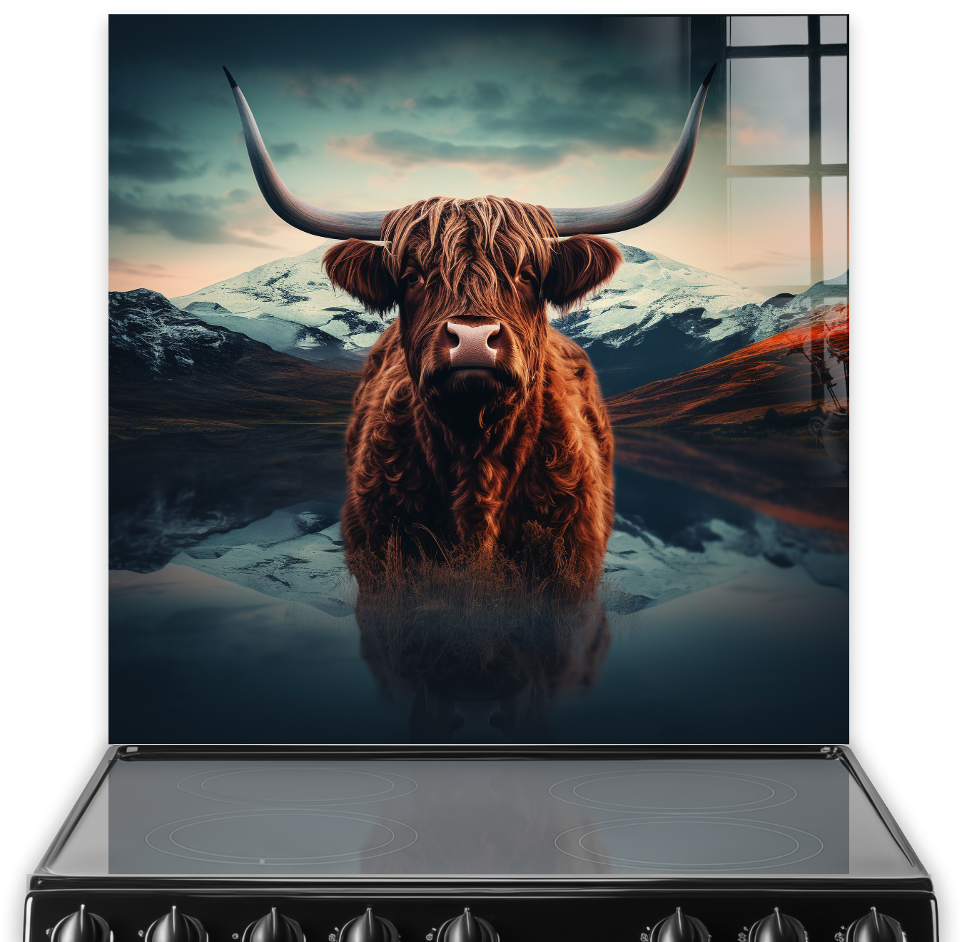 Highland cow with large horns standing before a mountainous landscape and reflected in a calm lake on a kitchen splashback.