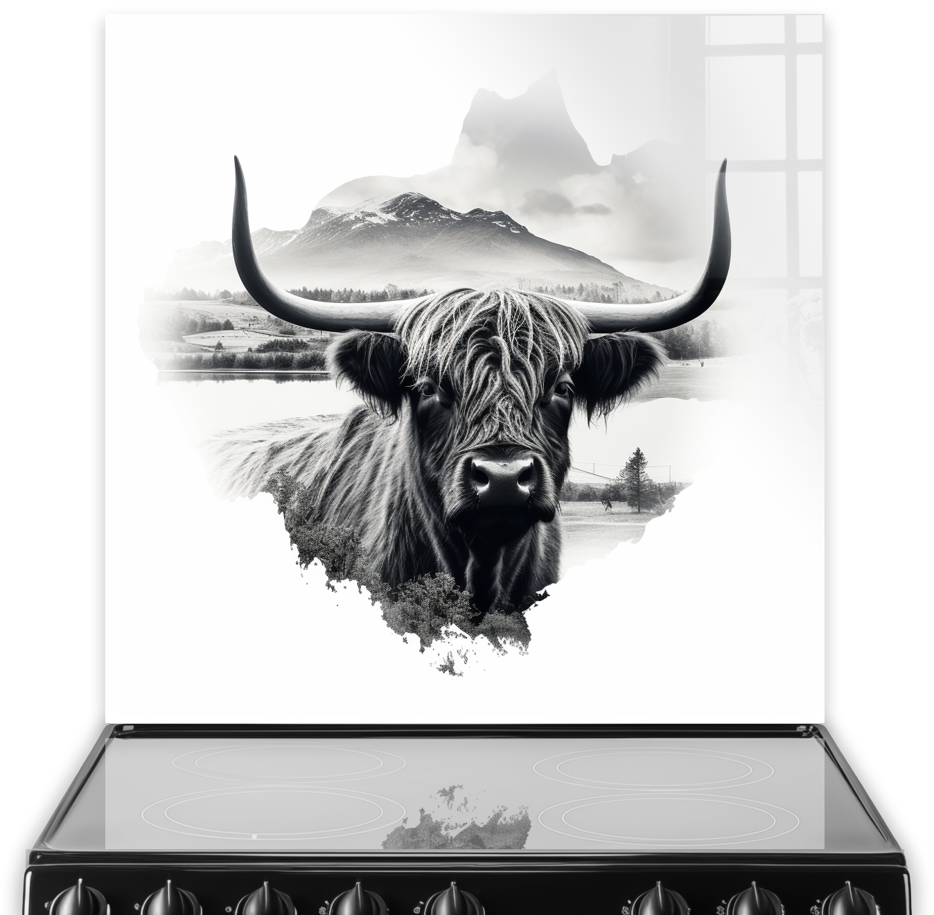 Elegant Highland cow printed kitchen splashback art in monochromatic shades with Scottish Highlands backdrop