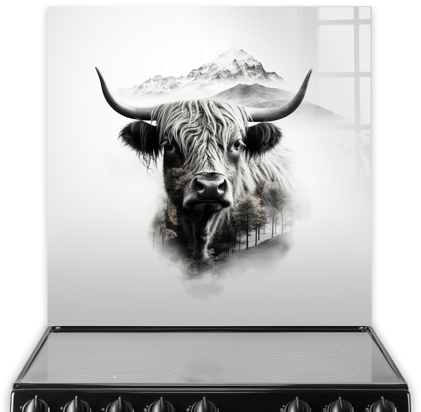 Artistic kitchen splashback with a monochromatic highland cow design overlooking misty mountains and forest