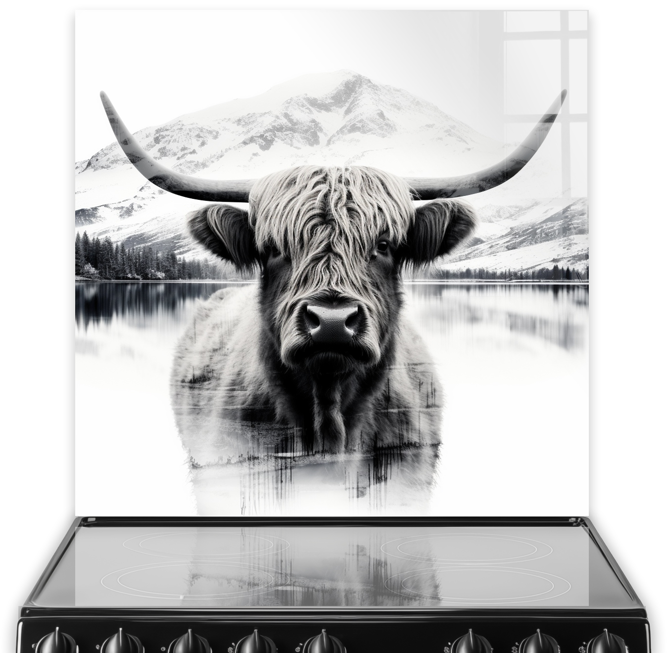 Monochrome highland cow in front of misty mountains printed on kitchen splashback