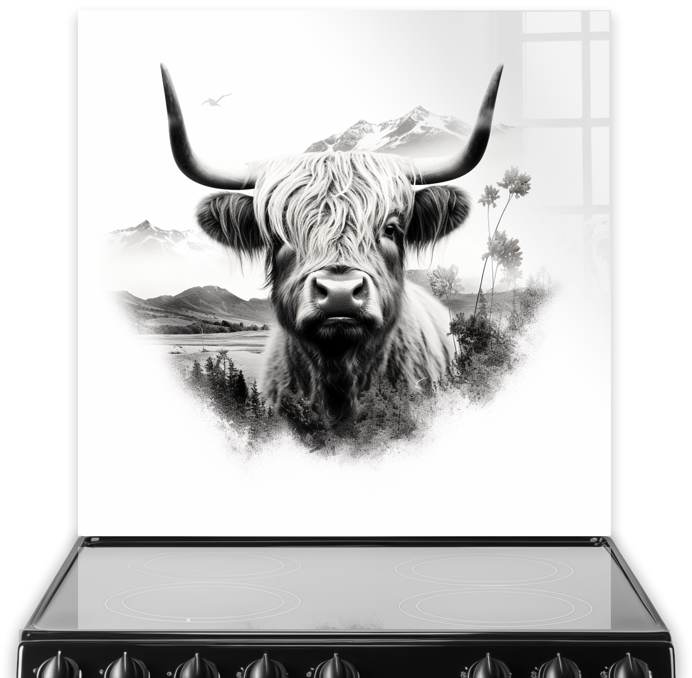 Monochromatic highland cow kitchen splashback art in black and white with mountain and flower scenery