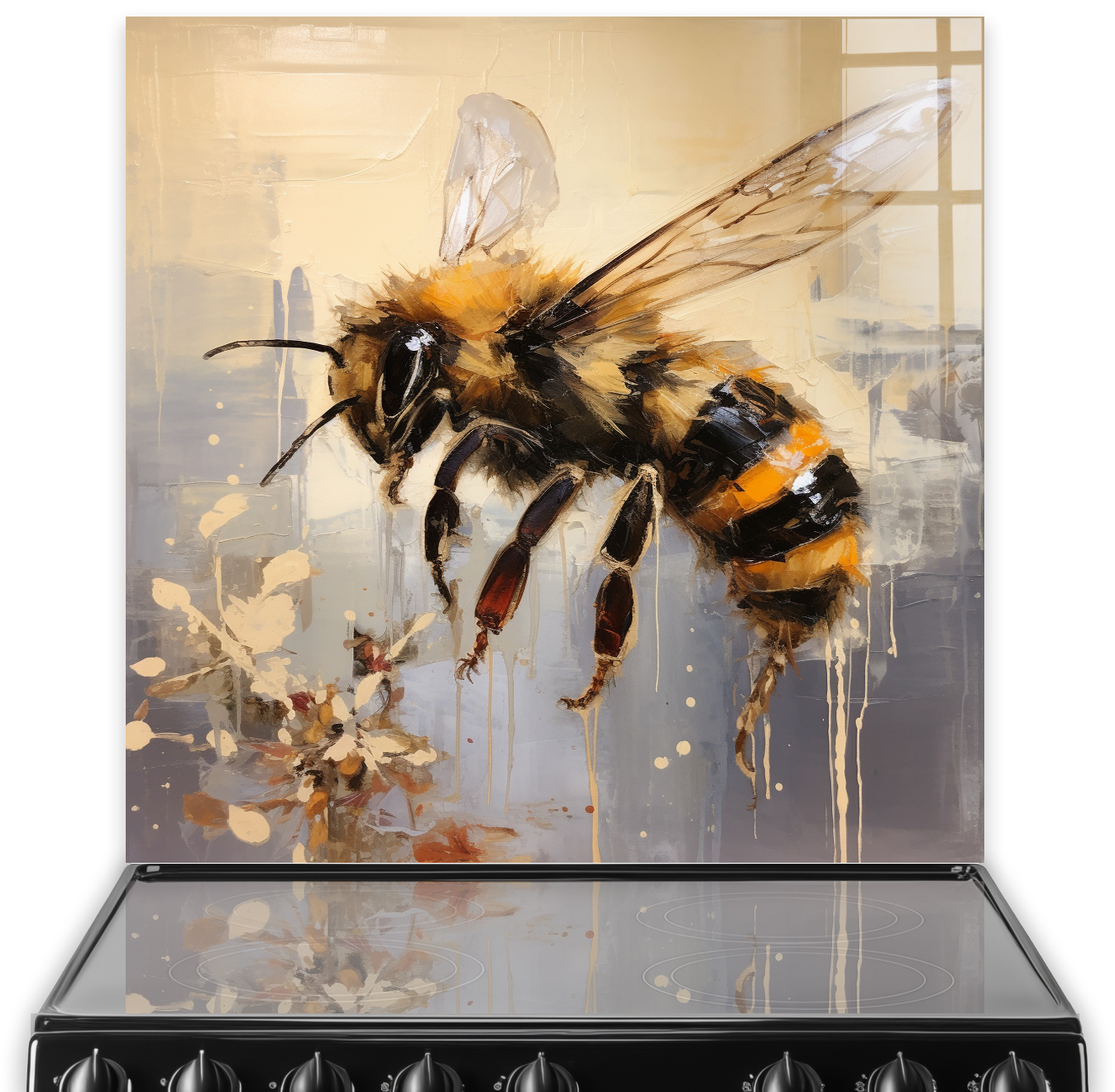 Bee-themed kitchen splashback with hand-painted design in amber, black, and cream tones on neutral background