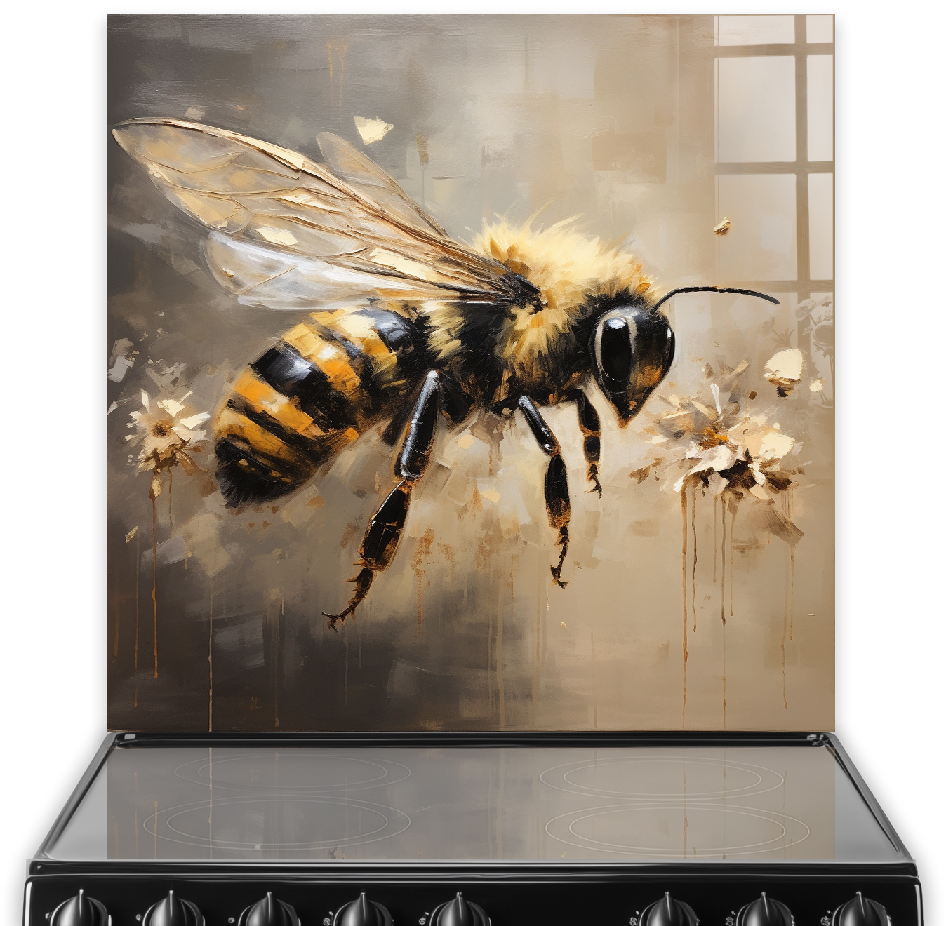 Stylish kitchen splashback with a detailed bee illustration in amber, black, and white tones