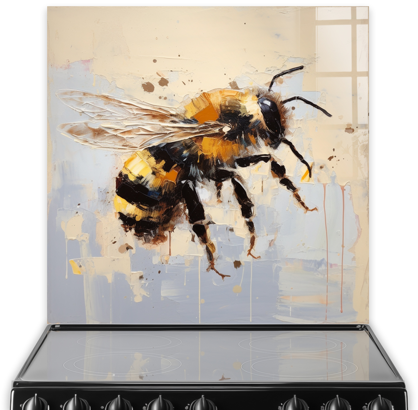 Artistic bee design kitchen splashback with vibrant amber, black, and cream colours on a neutral backdrop.