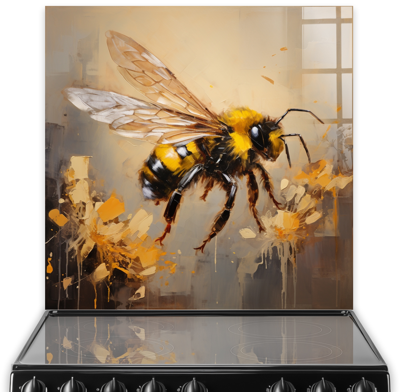 Artistic kitchen splashback with a realistic bee design in ochre, cream, and charcoal colours.