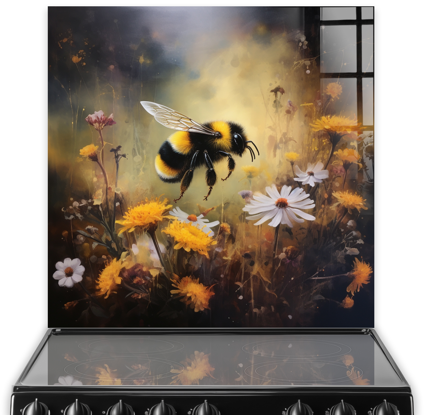 Hand-painted bumble bee on floral background kitchen splashback art with soft atmospheric effects in an English countryside style.