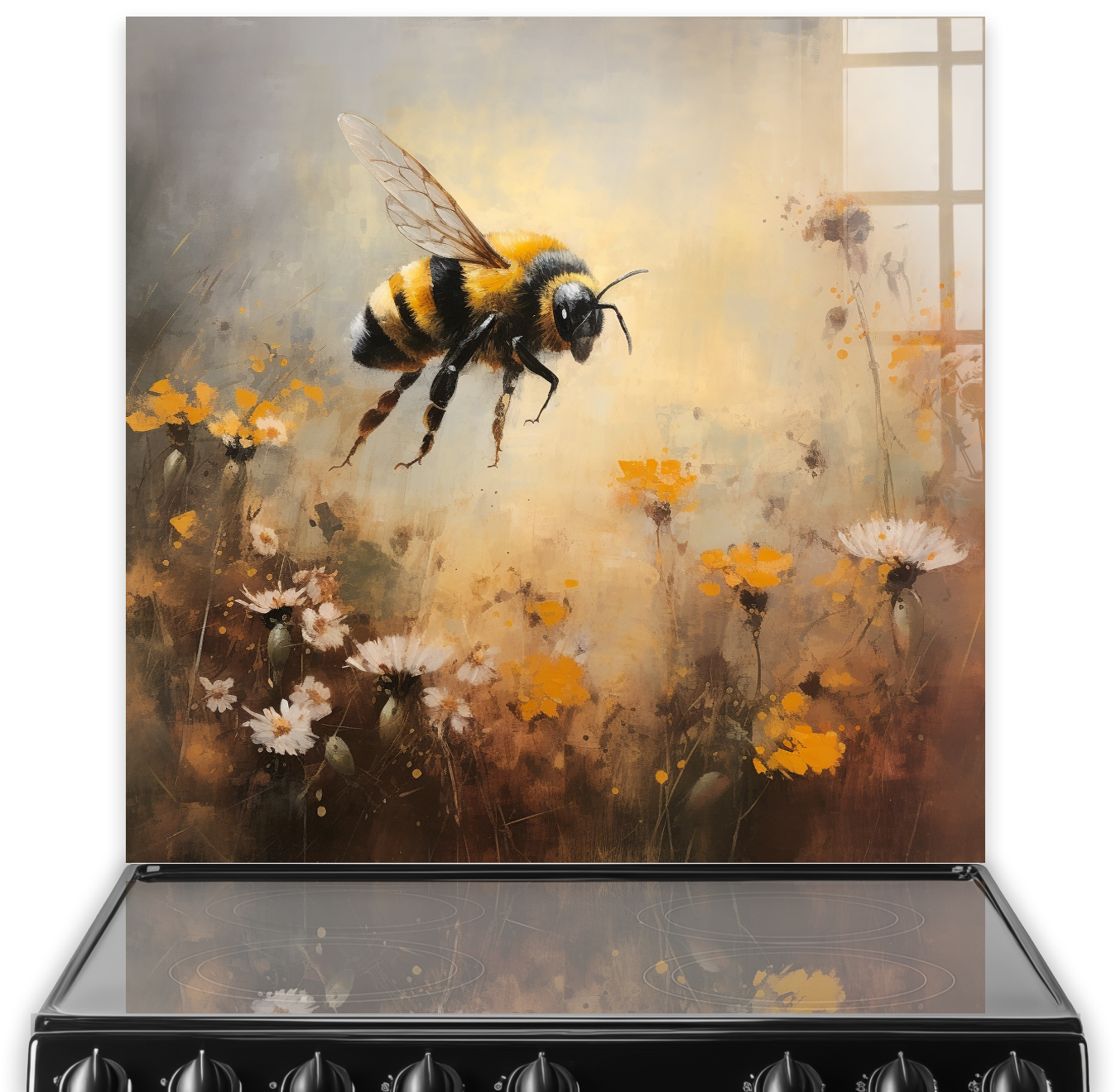 Artistic kitchen splashback featuring a detailed bumble bee among soft focus floral designs, with warm hues and a tranquil vibe.