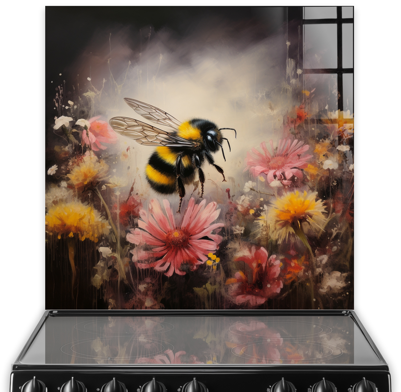 Splendid bumble bee canvas art on kitchen splashback with English countryside floral design and hand-painted details.