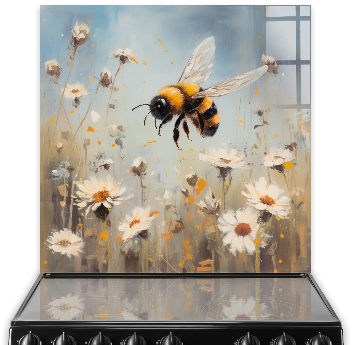 Bumble bee with soft, hand-painted details hovering above daisies with a soft-focus background in colours of amber, ivory, and grey.