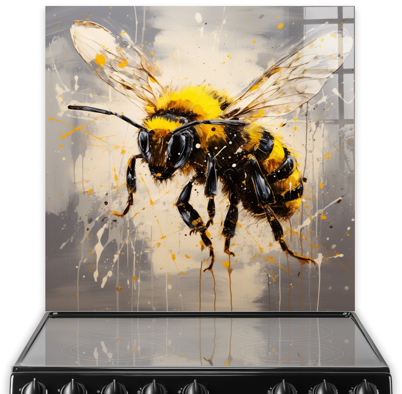 Artistic bee splashback with vibrant yellow, black, and grey brushstrokes, installed above a stove.