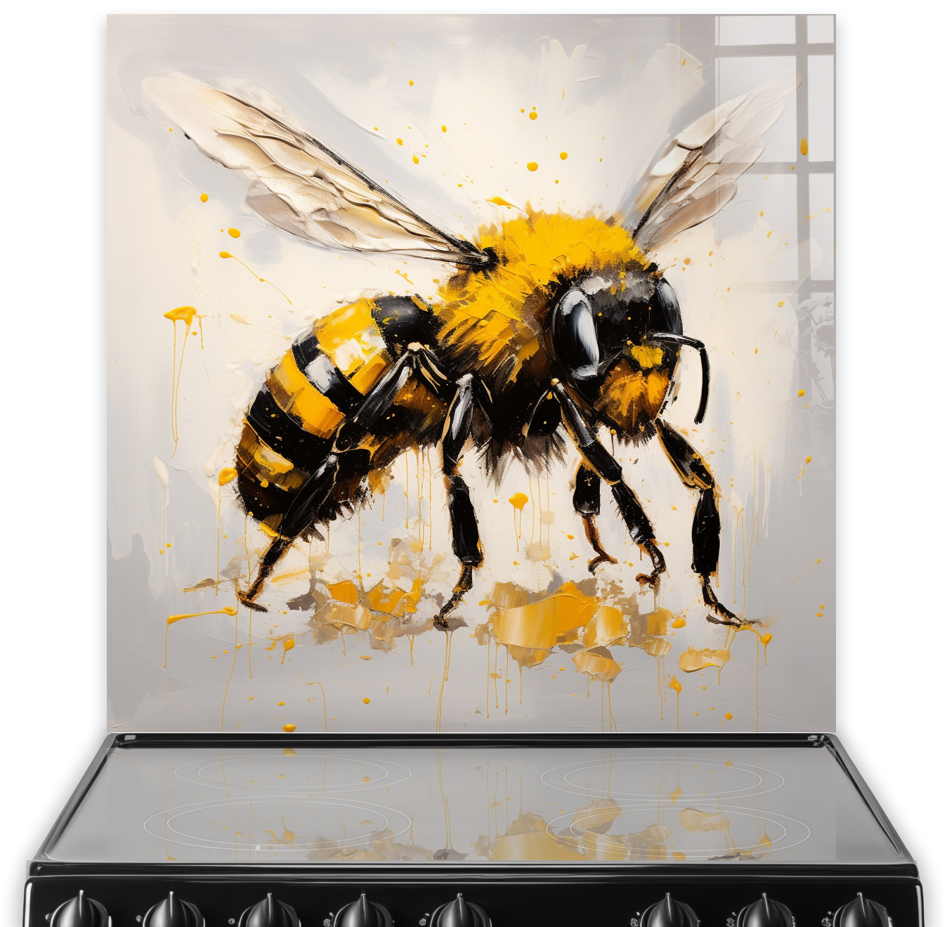 Artistic bee splashback with vibrant yellow and black brushstrokes