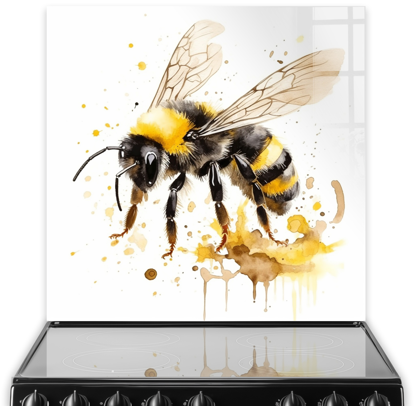 Artistic bee splashback design with yellow, black, and caramel brushstrokes